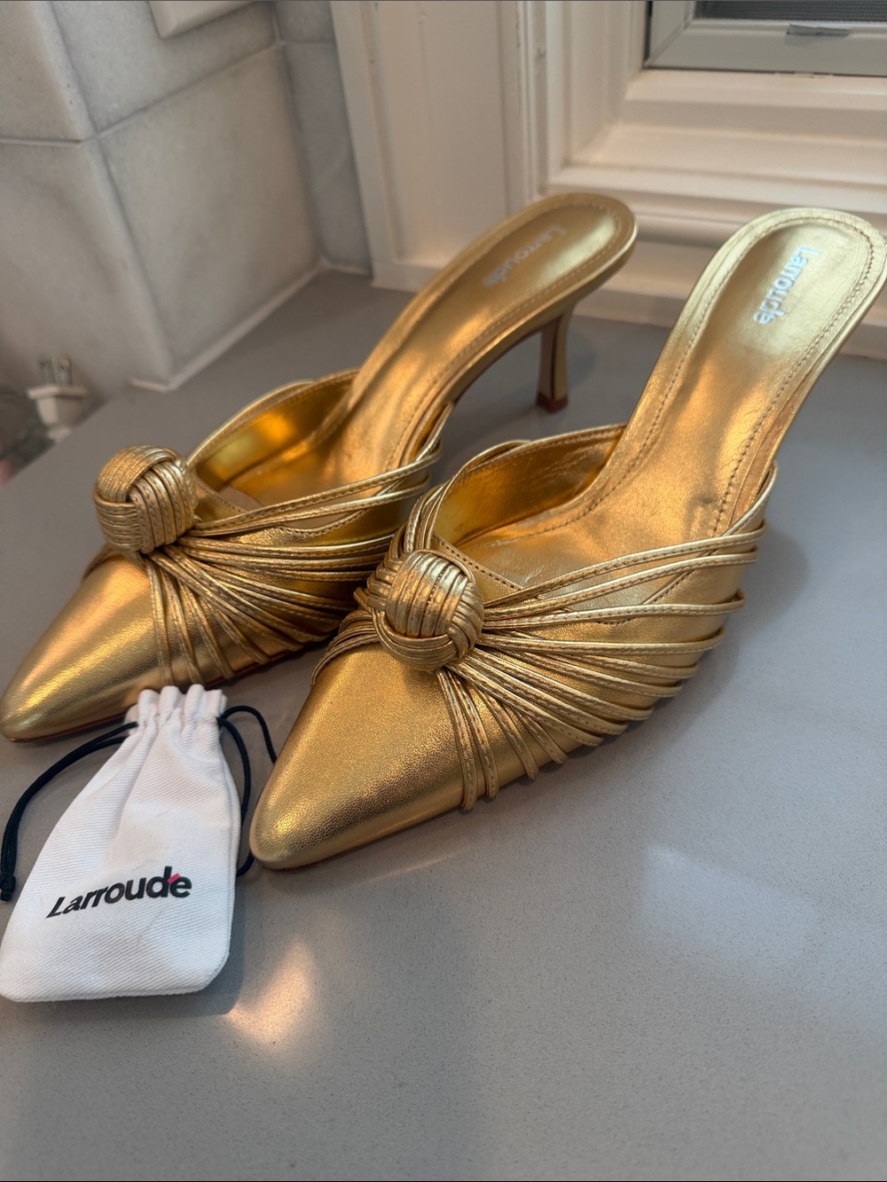 Larroude Metallic Gold Knotted Pointed-Toe Mule Size 10